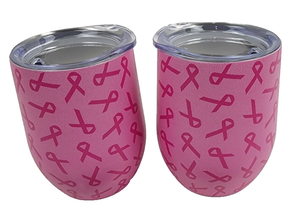 Stainless Steel Double Wall Wine Tumblers (2 in box) Breast Cancer Awareness NIB